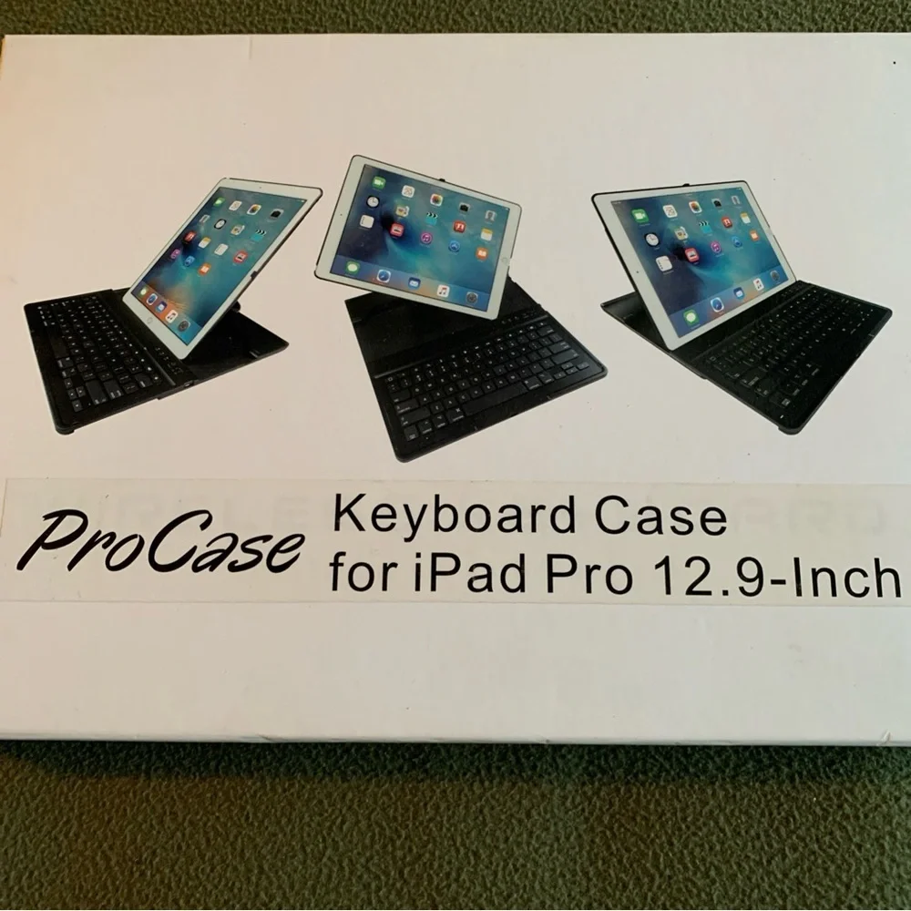 FUC ProCase keyboard case for iPad Pro 12.9”. Black and silver. Charging cord.